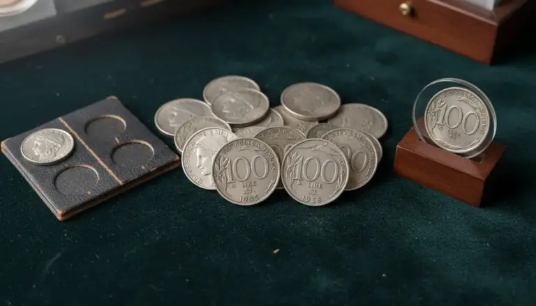 Monete da 100 lire Italia Turrita su panno verde, con portamonete e una moneta esposta su supporto in legno
