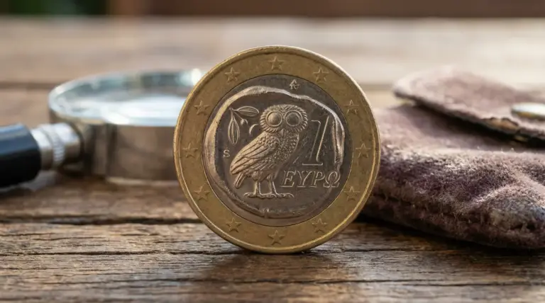 Moneta da 1 euro greca con gufo in primo piano su tavolo di legno, con lente d’ingrandimento sullo sfondo