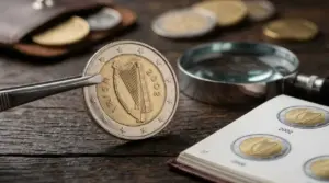 Moneta da 2 euro Irlanda 2002 con arpa, osservata con pinzette vicino a lente d’ingrandimento