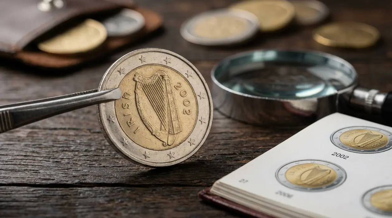 Moneta da 2 euro Irlanda 2002 con arpa, osservata con pinzette vicino a lente d’ingrandimento