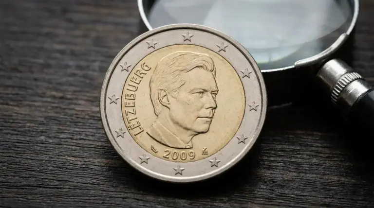 Moneta da 2 euro del Lussemburgo 2009 con ritratto e lente d’ingrandimento su tavolo in legno