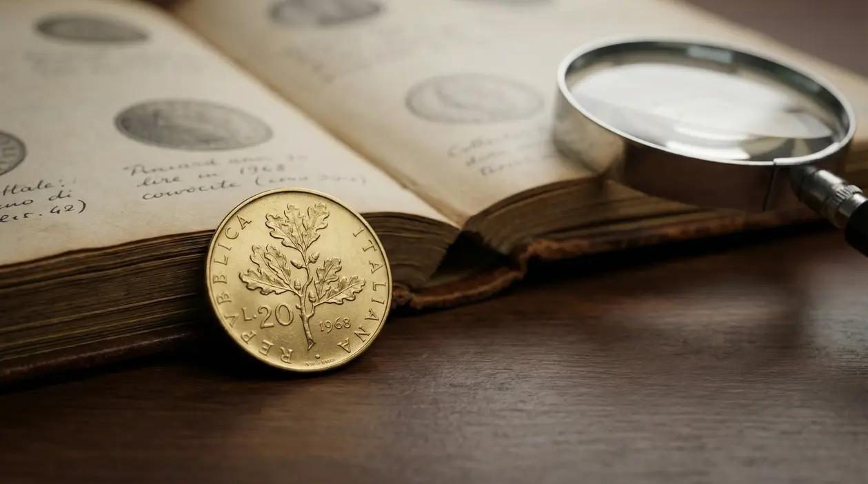 Moneta da 20 lire con ramo di quercia del 1968 appoggiata su un libro con lente d’ingrandimento