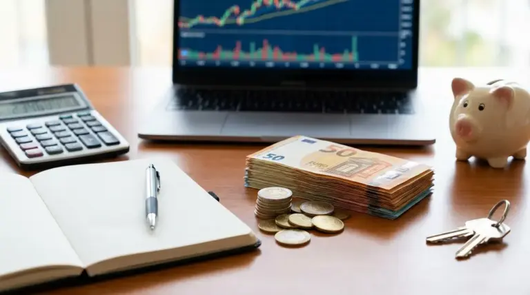 Scrivania con calcolatrice, quaderno, laptop con grafico, banconote e monete in euro e salvadanaio a forma di maialino