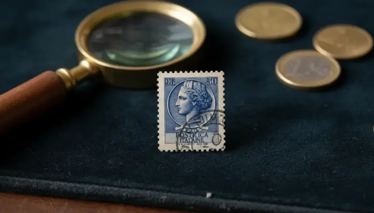 Francobollo 30 lire Siracusana su panno scuro, con lente d’ingrandimento e monete sullo sfondo