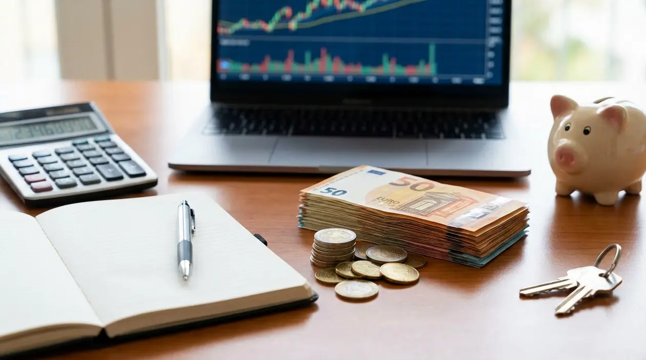 Scrivania con calcolatrice, quaderno, laptop con grafico, banconote e monete in euro e salvadanaio a forma di maialino