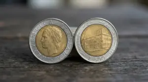 Due monete italiane da 500 lire bimetalliche del 1982, con fronte e retro, appoggiate su un piano in legno
