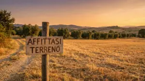 Cartello in legno che indica l’affitto di un terreno in un campo di campagna al tramonto