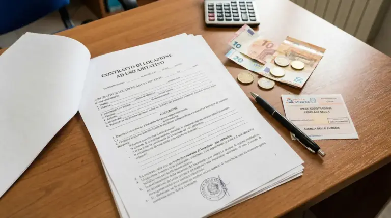 Contratto di locazione su scrivania con euro, calcolatrice e ricevuta per spese di registrazione e cedolare secca
