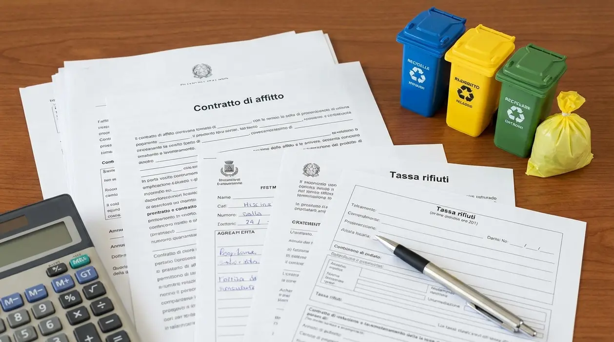 Documenti di contratto di affitto e modulo tassa rifiuti su scrivania con calcolatrice e bidoni per raccolta differenziata
