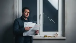 Persona con documenti vicino a una finestra nuova, con grafico in calo e strumenti da lavoro sul davanzale