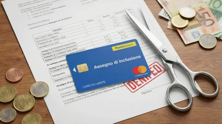Carta dell’Assegno di inclusione su documenti e banconote, con forbici che indicano possibili tagli alle regole