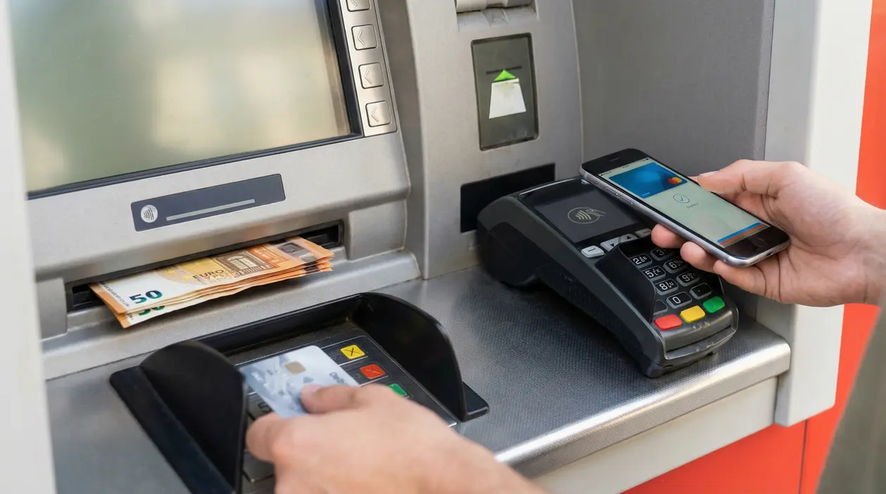 Sportello bancomat con banconote in uscita e pagamento contactless su POS con smartphone