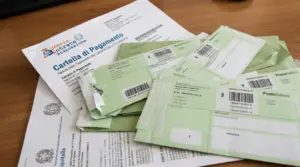 Cartella di pagamento e buste di notifica su un tavolo, simbolo di cartelle esattoriali e riscossione