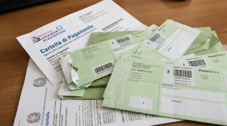 Cartella di pagamento e buste di notifica su un tavolo, simbolo di cartelle esattoriali e riscossione