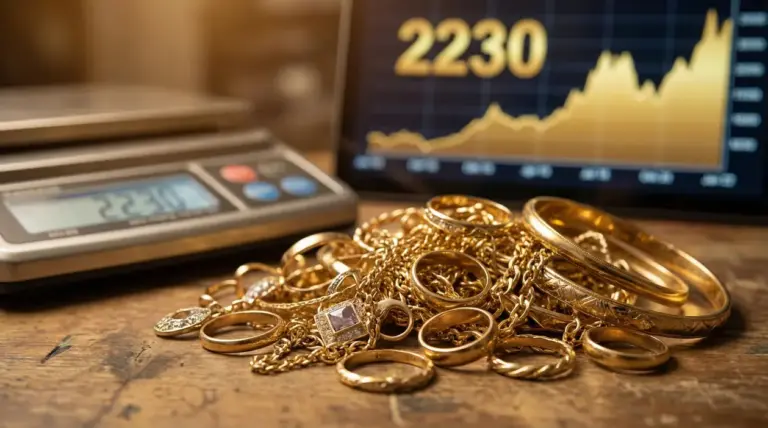 Gioielli d’oro usato su un tavolo accanto a una bilancia digitale e a un grafico dei prezzi dell’oro sullo sfondo