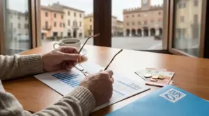 Persona anziana al tavolo con documenti e grafici, occhiali e banconote, tema pensione e INPS