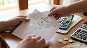 Mani che estraggono una cartella esattoriale da una busta su un tavolo con calcolatrice, monete e banconote