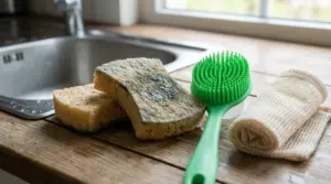 Spugne per piatti usurate vicino al lavello e spazzola in silicone come alternativa più igienica