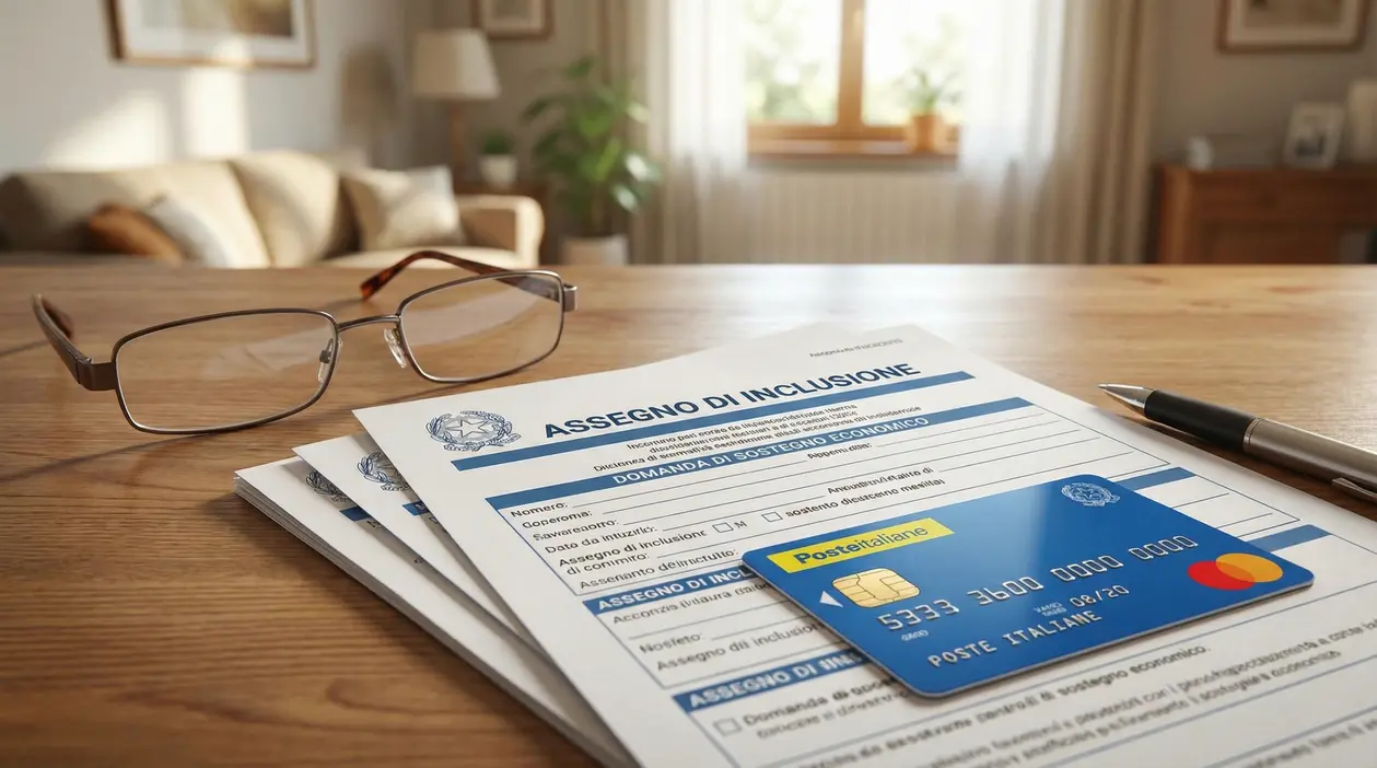 Moduli per l’assegno di inclusione con una carta di pagamento e occhiali su un tavolo in casa