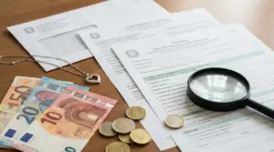 Moduli e documenti con lente d’ingrandimento, banconote e monete in euro su una scrivania