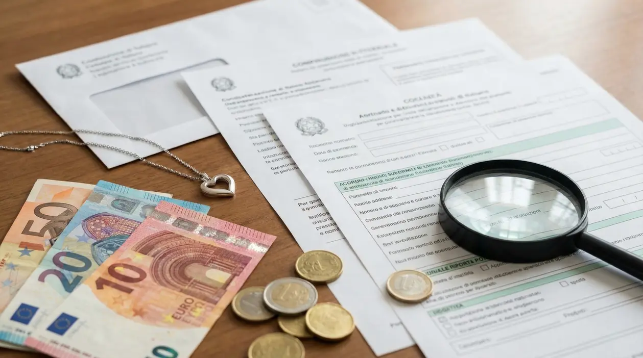 Moduli e documenti con lente d’ingrandimento, banconote e monete in euro su una scrivania