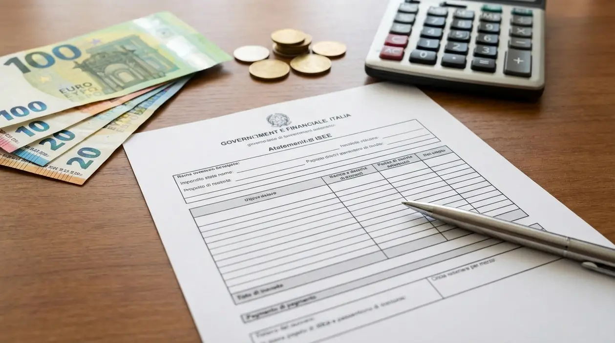 Moduli ISEE con penna, calcolatrice e banconote euro su scrivania, per calcolare l’assegno unico figli minorenni