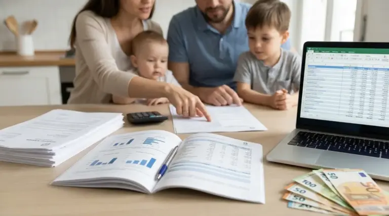 Famiglia al tavolo con documenti e laptop, mentre controlla budget e pratiche per l’assegno unico