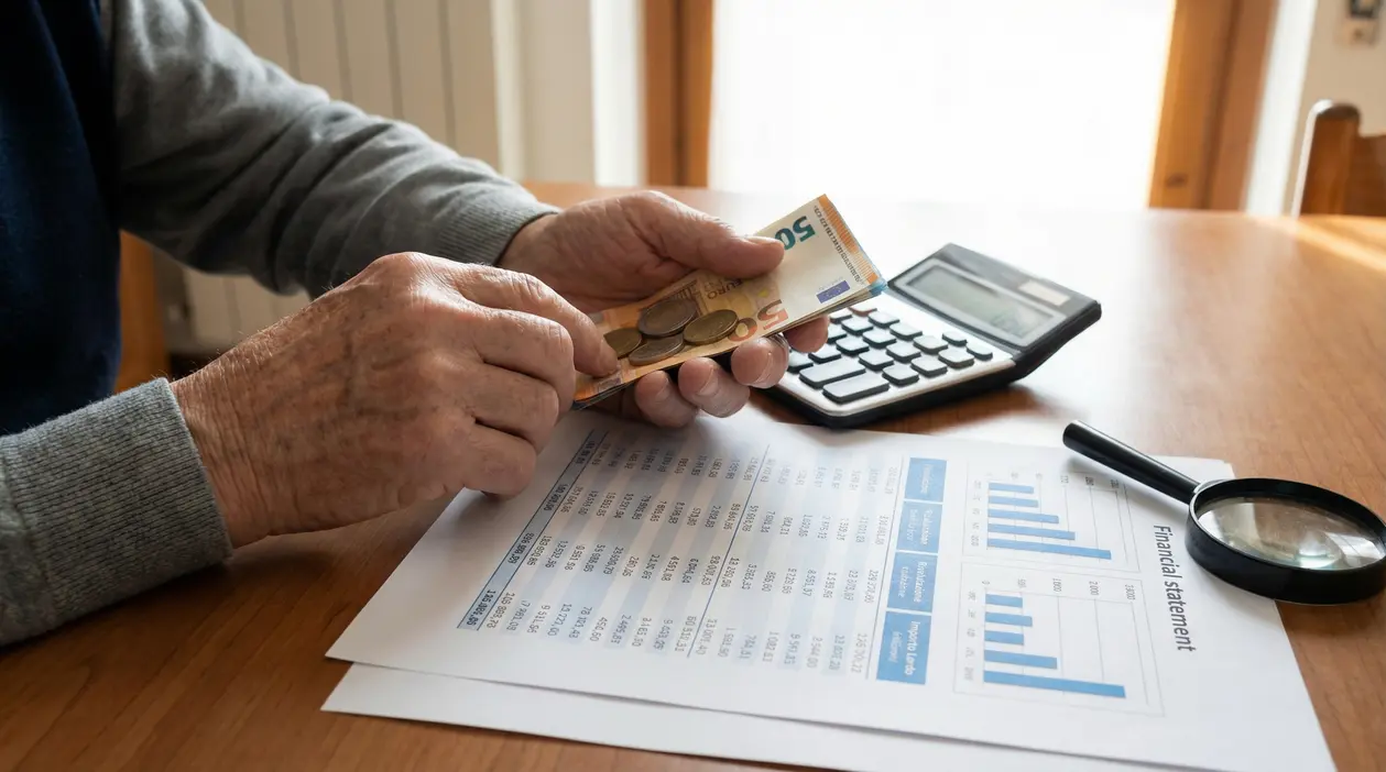 Persona che conta banconote e monete in euro accanto a calcolatrice e documenti finanziari su un tavolo