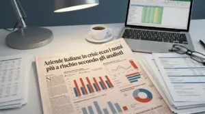 Scrivania con laptop e report finanziari, grafici e documenti su aziende italiane in crisi e analisi di rischio