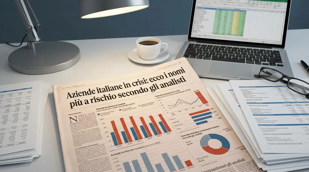 Scrivania con laptop e report finanziari, grafici e documenti su aziende italiane in crisi e analisi di rischio
