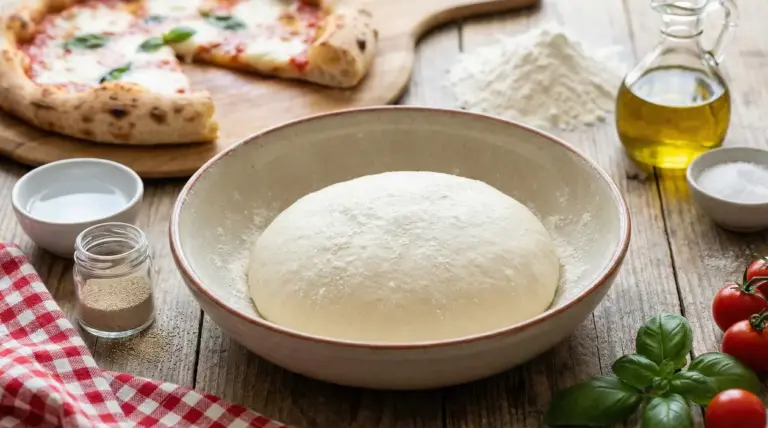 Impasto per pizza in una ciotola con farina, olio, sale e lievito su tavolo di legno