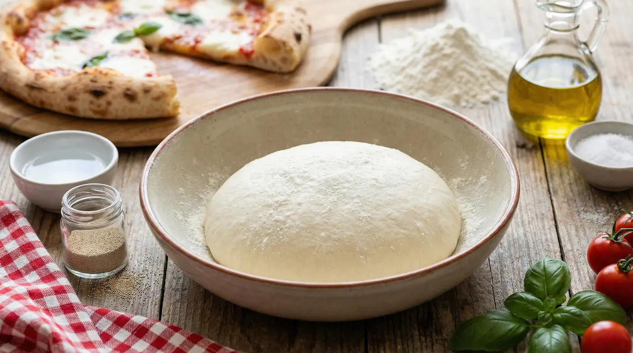 Impasto per pizza in una ciotola con farina, olio, sale e lievito su tavolo di legno