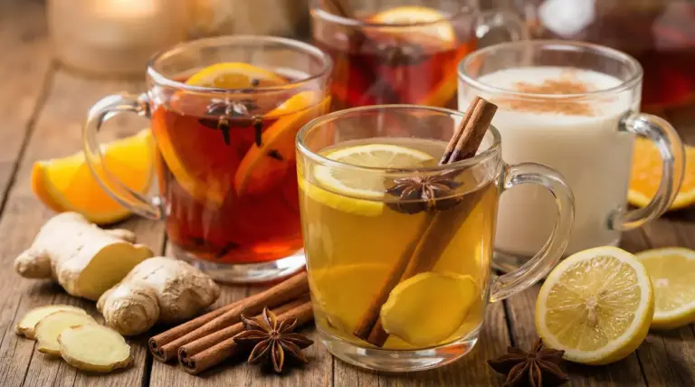 Tazze di tisane calde con limone, zenzero, cannella e anice stellato su tavolo di legno