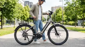 Persona con casco accanto a una bici elettrica in un parco urbano, pronta a partire