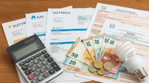Bollette luce e gas con modulo di richiesta bonus, calcolatrice, banconote in euro e lampadina a risparmio energetico