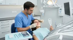 Dentista visita una paziente su poltrona odontoiatrica in studio, con strumenti e lampada per controlli e cure dentali