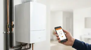 Caldaia a parete in casa con controllo della temperatura da smartphone per riscaldamento e risparmio energetico