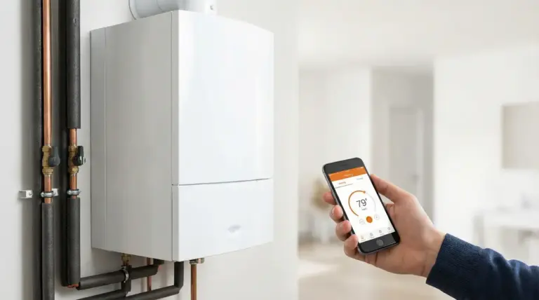 Caldaia a parete in casa con controllo della temperatura da smartphone per riscaldamento e risparmio energetico