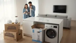 Coppia in soggiorno con scatoloni, lavatrice e documenti: acquisto di mobili ed elettrodomestici per detrazione