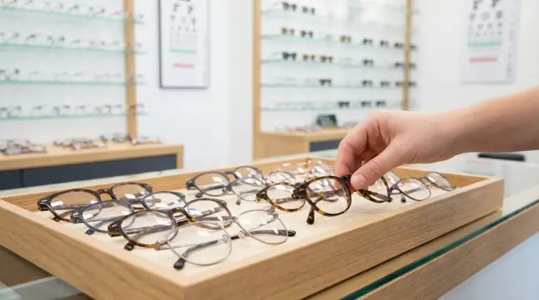 Mano che sceglie una montatura di occhiali da un vassoio in negozio di ottica