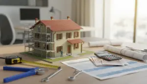 Modellino di casa in ristrutturazione con impalcatura, documenti, calcolatrice e banconote su scrivania