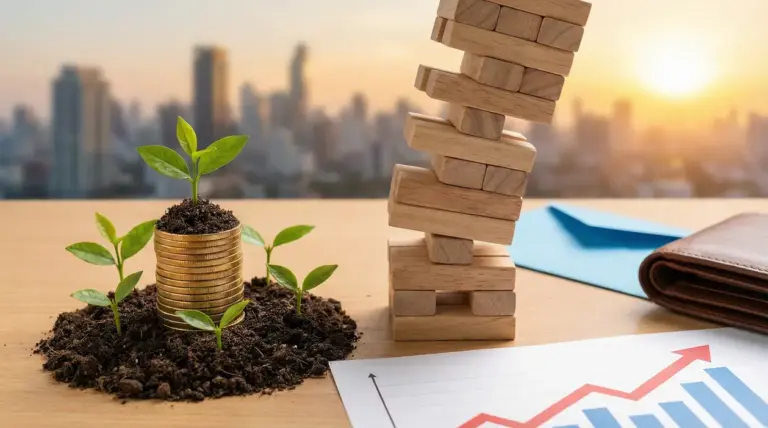 Piantina che cresce da monete e torre di blocchi instabile accanto a grafico, simbolo di rendimenti e rischi