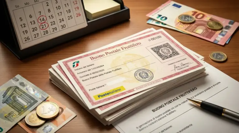 Buoni fruttiferi postali su scrivania con calendario, banconote e monete in euro, penna e modulo di richiesta