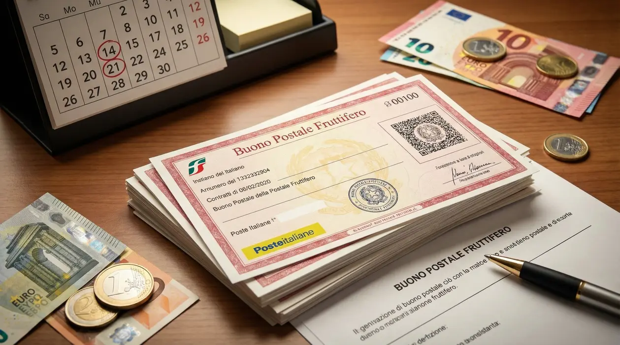Buoni fruttiferi postali su scrivania con calendario, banconote e monete in euro, penna e modulo di richiesta