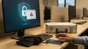 Scrivania di ufficio con monitor che mostra avviso di sicurezza e smartphone con chiamata in arrivo, rischio truffa call center