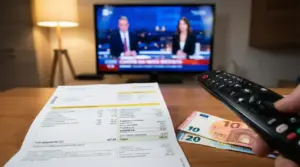 Bolletta elettrica con voce Canone TV, telecomando e banconote su un tavolo davanti a una televisione accesa
