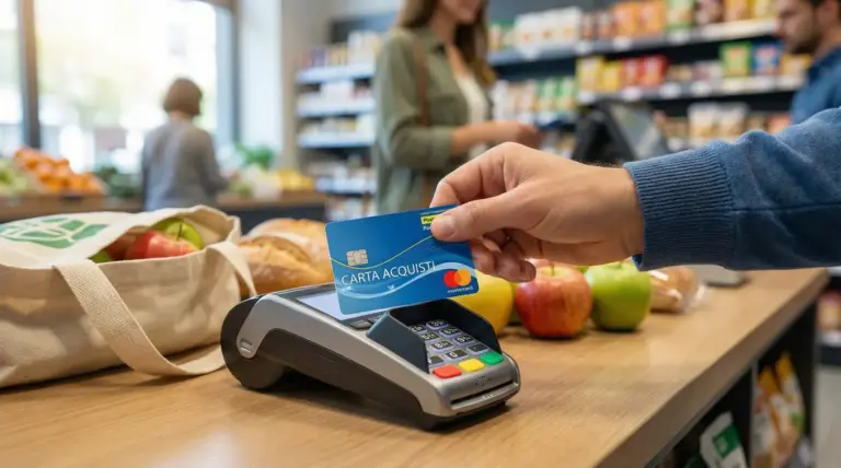 Pagamento al supermercato con Carta acquisti su POS, con frutta e borsa della spesa sul bancone