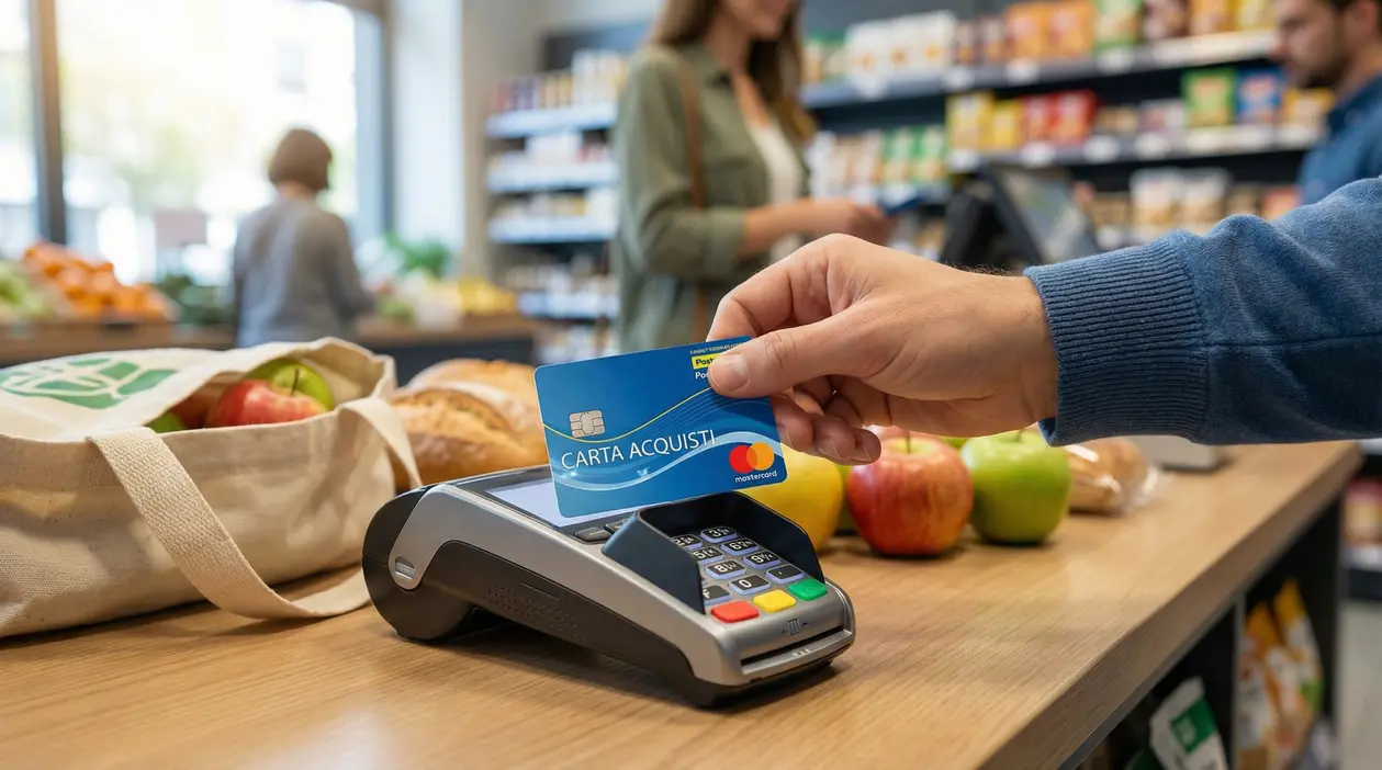 Pagamento al supermercato con Carta acquisti su POS, con frutta e borsa della spesa sul bancone
