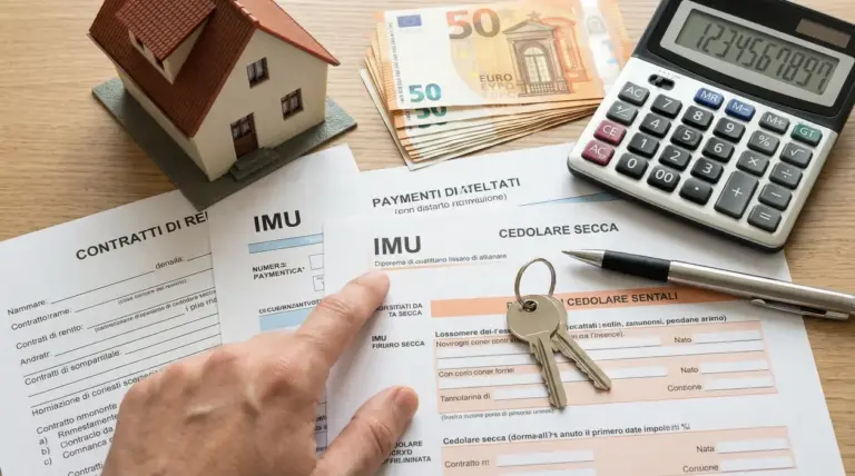 Modello IMU e documenti per cedolare secca con calcolatrice, banconote e chiavi di casa su scrivania