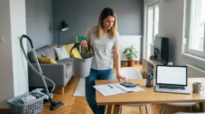 Persona con secchio e spugna calcola lo stipendio per lavoro domestico in casa, con calcolatrice e documenti sul tavolo